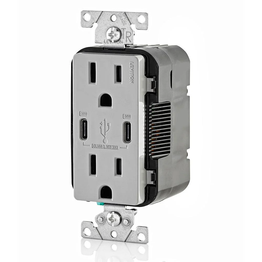 Leviton Type-C Dual USB Charger with 15A Tamper-Resistant Receptacle (Grey) Model T5635 - Image 2