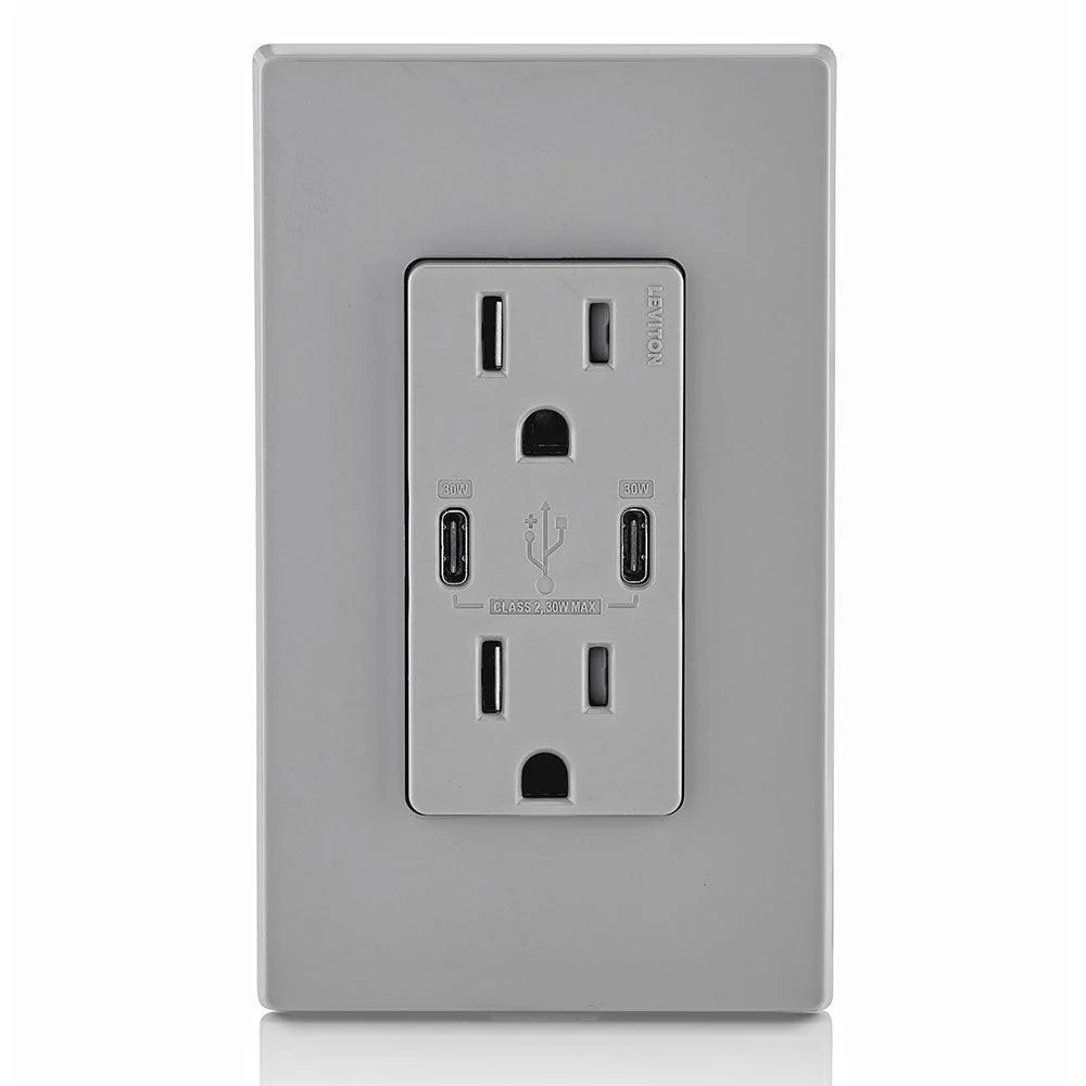 Leviton Type-C Dual USB Charger with 15A Tamper-Resistant Receptacle (Grey) Model T5635 - Image 3