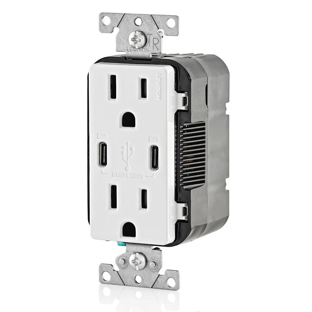 Leviton Type-C Dual USB Charger with 15A Tamper-Resistant Receptacle (White) Model T5635 - Image 2
