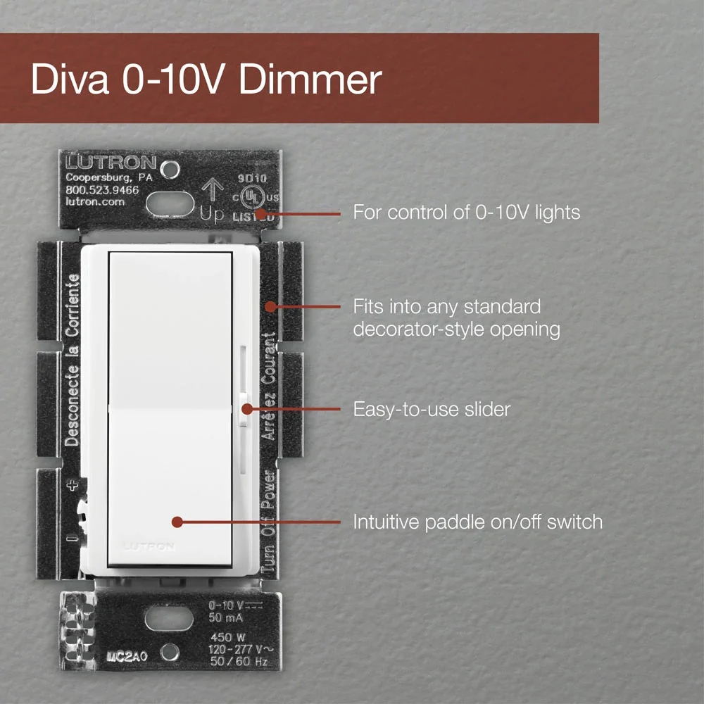 Lutron Diva 0-10 V Fluorescent/LED Fixture Dimmers, 3-way/Single Pole, Model DVSTV-WH - Image 4