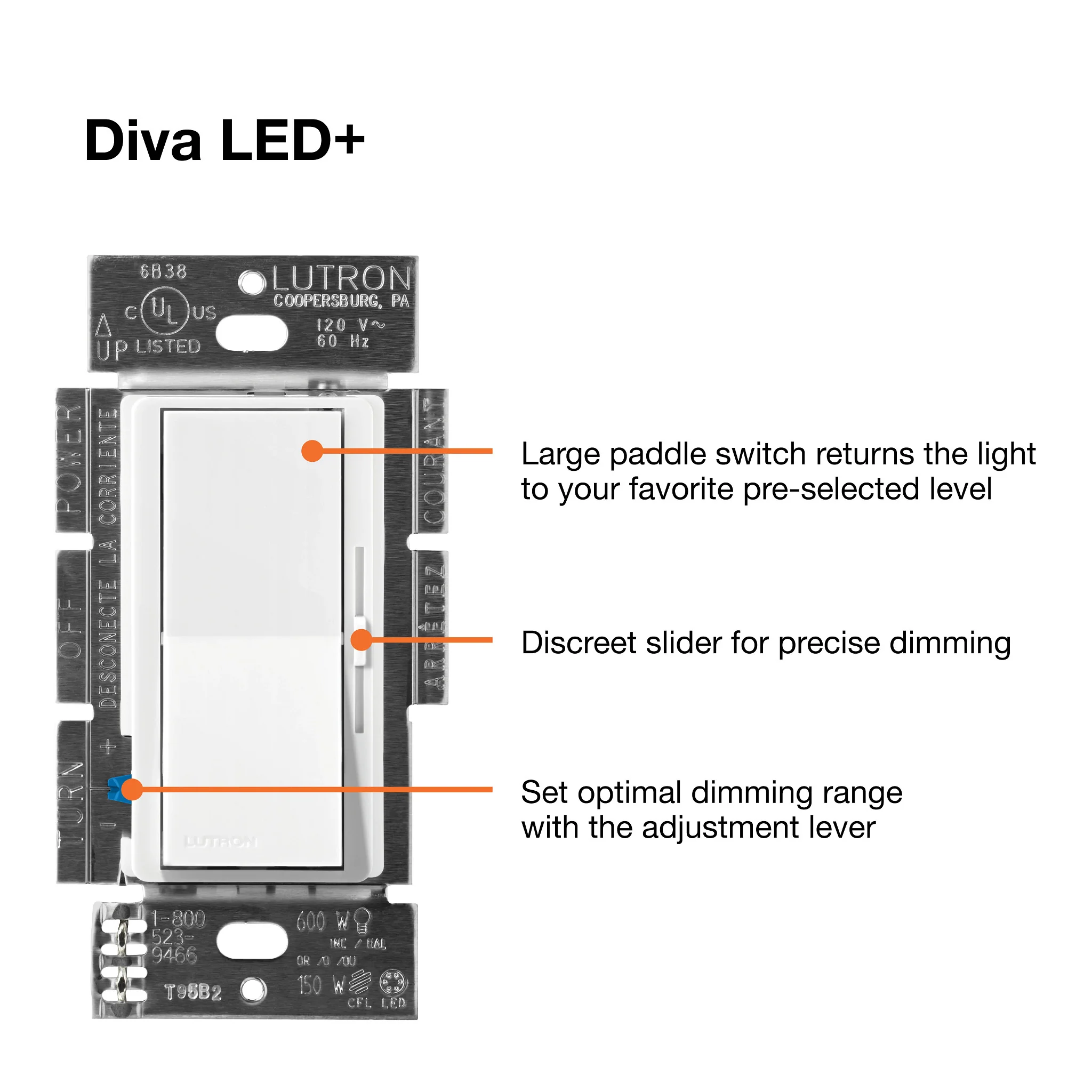 Lutron Diva C-L Dimmer for Dimmable CFL & LED Bulbs, Maximum 150W, Light Almond, Model DVCL-153PH-LA* - Image 5