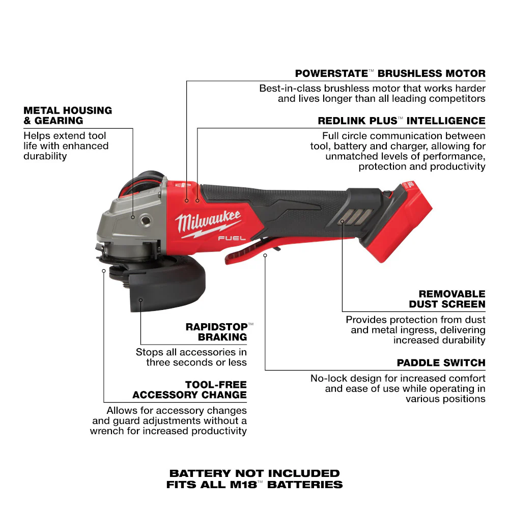 Milwaukee M18 FUEL™ 4-1/2" / 5" Variable Speed Braking Grinder, Paddle Switch No-Lock - Image 6
