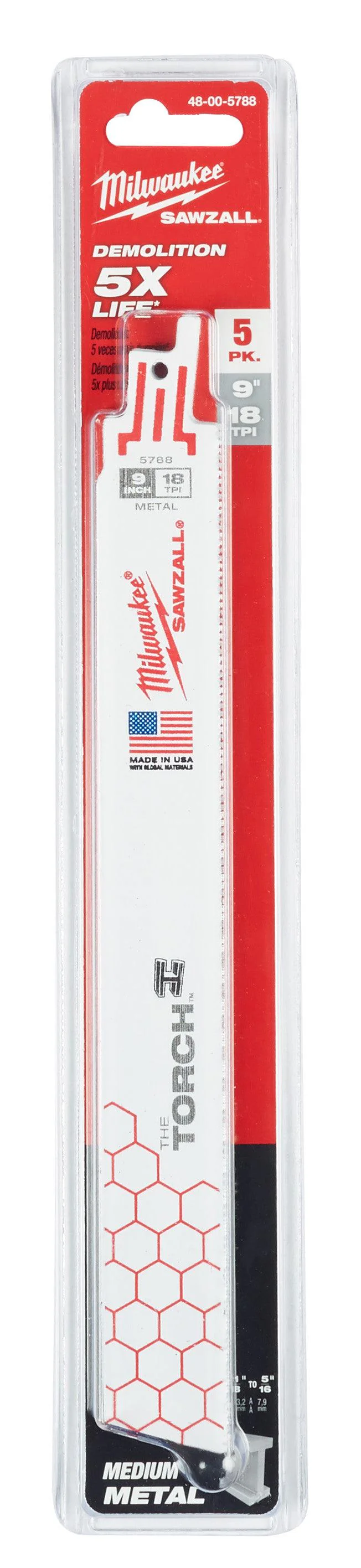 Milwaukee 9 in. 18 TPI THE TORCH™ SAWZALL® Blade (5 Pack), Model 48-00-5788 - Image 2