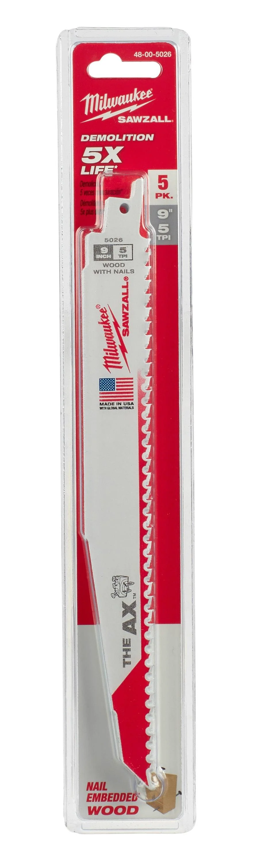 Milwaukee 9 in. 5/8 TPI the Ax SAWZALL Blades (5 Pack), Model 48-00-5026 - Image 2