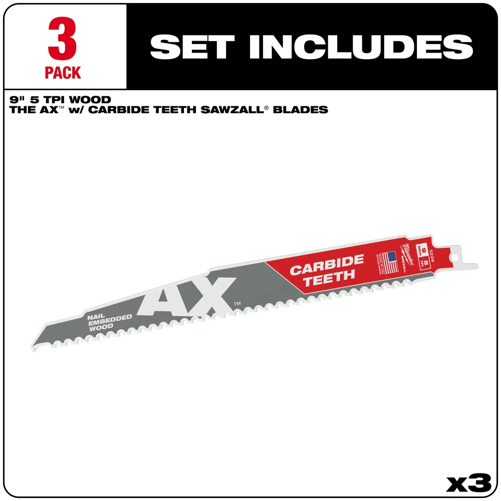 Milwaukee 9" 5 TPI AX™ with Carbide Teeth for Wood with Nails SAWZALL® Blade (3 PK) - Image 2